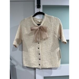 Camellia Women Cream Ribbed Knit Short Sleeve Cardigan‎ with Chiffon Bow Size M